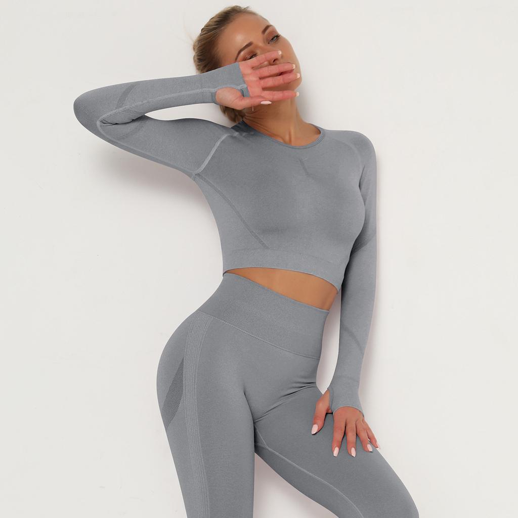 Nahtloses Yoga Langarmshirt Hoher Stretch Plissiertes Körperformendes Langarm Fitness Yoga Oberteil für Damen