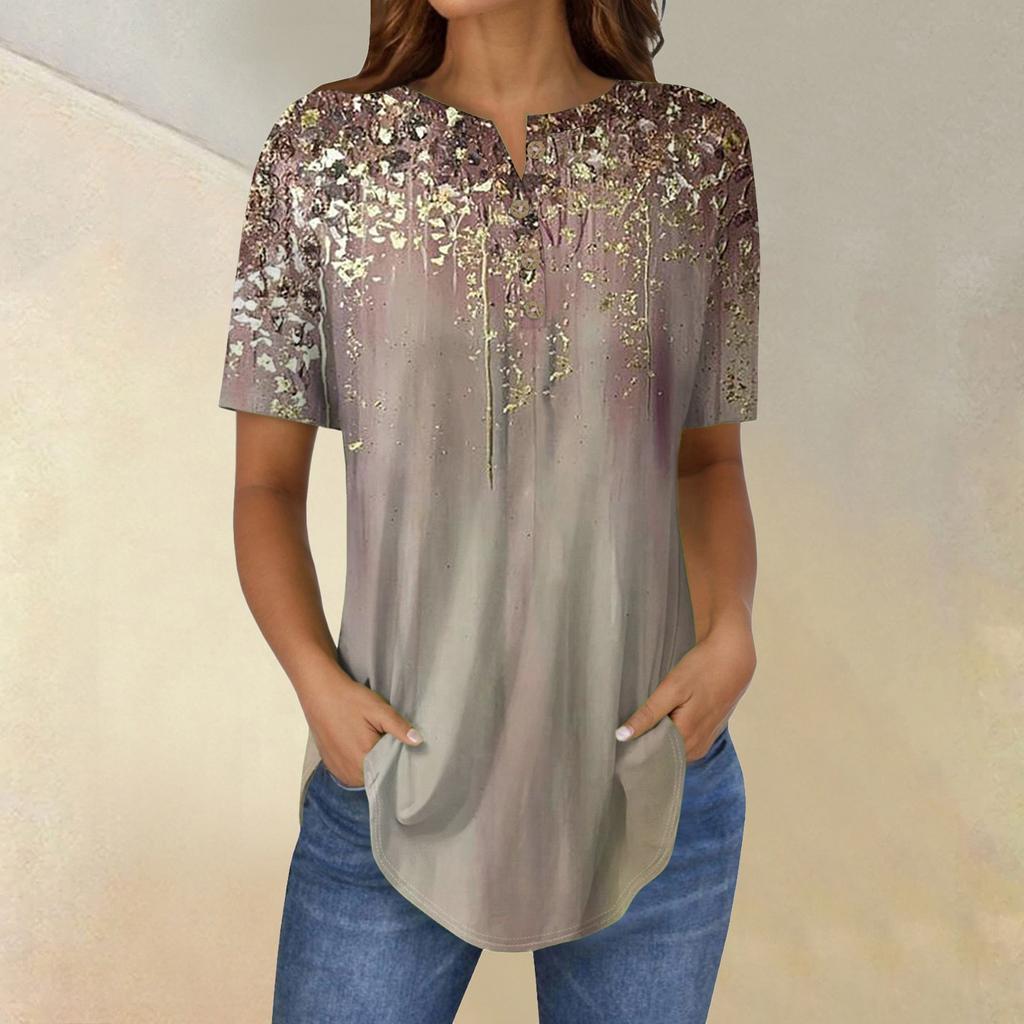 Korte Mouw Dames Tops Zomer T-shirts Bloemenprint V-hals Casual Basis T-shirt Knopenhemden Tuniek Tops