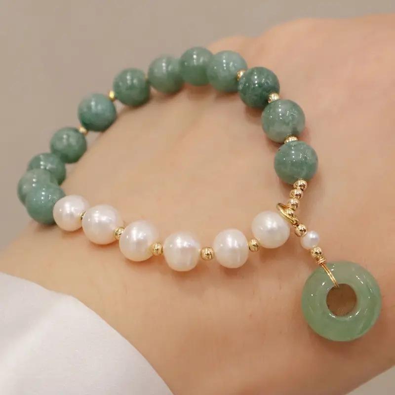 Jade Dongling, Jade Hotan, calcédoine verte, bracelet à breloques fermoir sécurité, perle d'eau douce naturelle, perles de cristal, bracelet fille