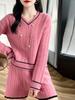 Autumn Color Block V-Neck Cable Knit Sweater & Loose Casual Three-Quarter Pants Set