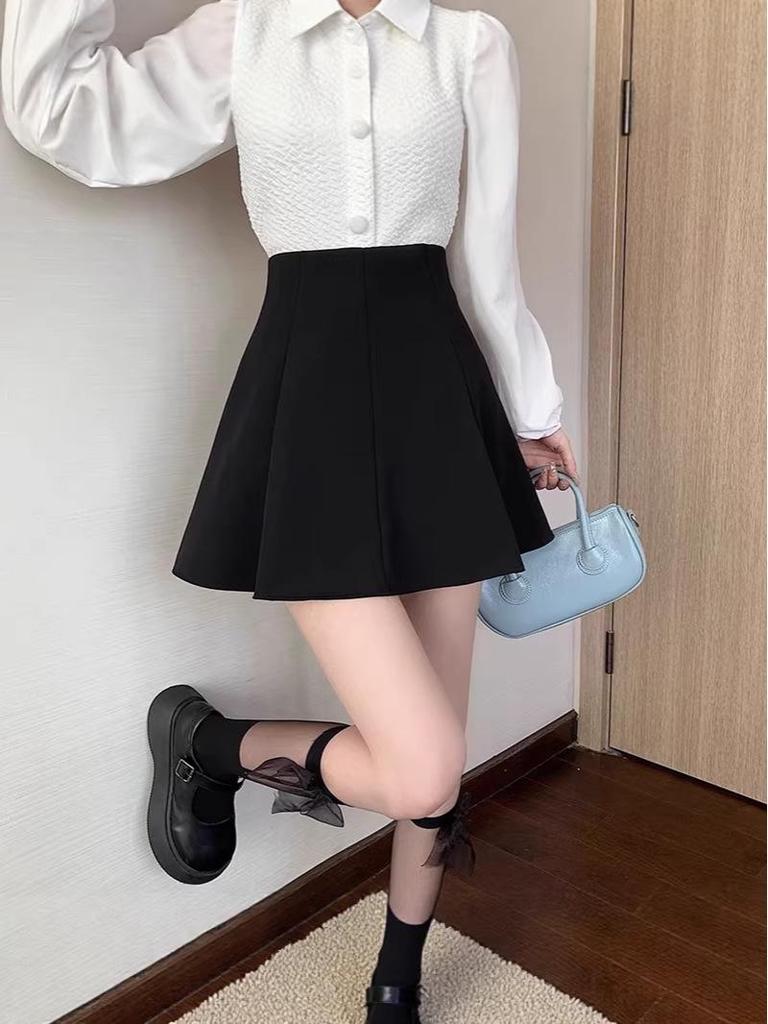 Black Pleated High Waist A-line Midi Skirt - Women's Summer Slimming Petite Flared Skirt with Hip-Hiding Design