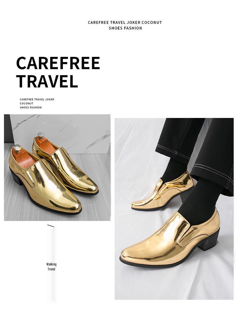 Sapatos Masculinos de Couro Macio de Bico Fino Sociais Formais Slip-On com Aumento de Altura