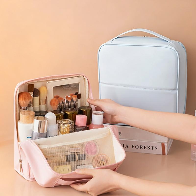 Große wasserdichte Kosmetiktasche zum Aufstellen mit Spiegel für Damen, Reise-Make-up-Aufbewahrungs-Organizer