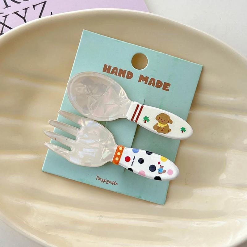 2Pcs/set Fashion Acrylic Spoon Fork Cake Hairpin Creative Cute Duckbill Clip Bangs Clip For Women Girl Kawaii Hair Accessories