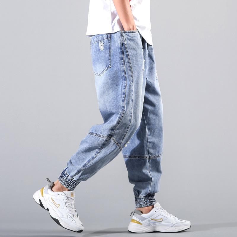 Elastic waist denim trousers men's pants new spring and autumn tide brand loose casual tied nine-point pants