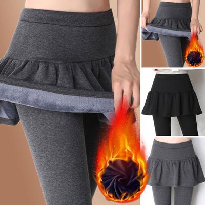 Women Winter Pants Fake Two-piece Thickened Plush Elastic High Waist Solid Color Slim Fit Pleated Skirt Pants Thermal Thigh Leggings