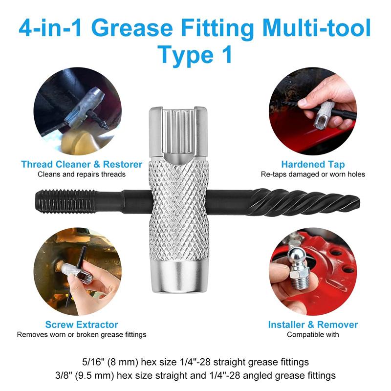 2Pcs 4-In-1 Grease Fitting Installation Tool For Hexagonal 3/8" 5/16" 7/16" Grease Zerk Fitting Tool For Install & Remove