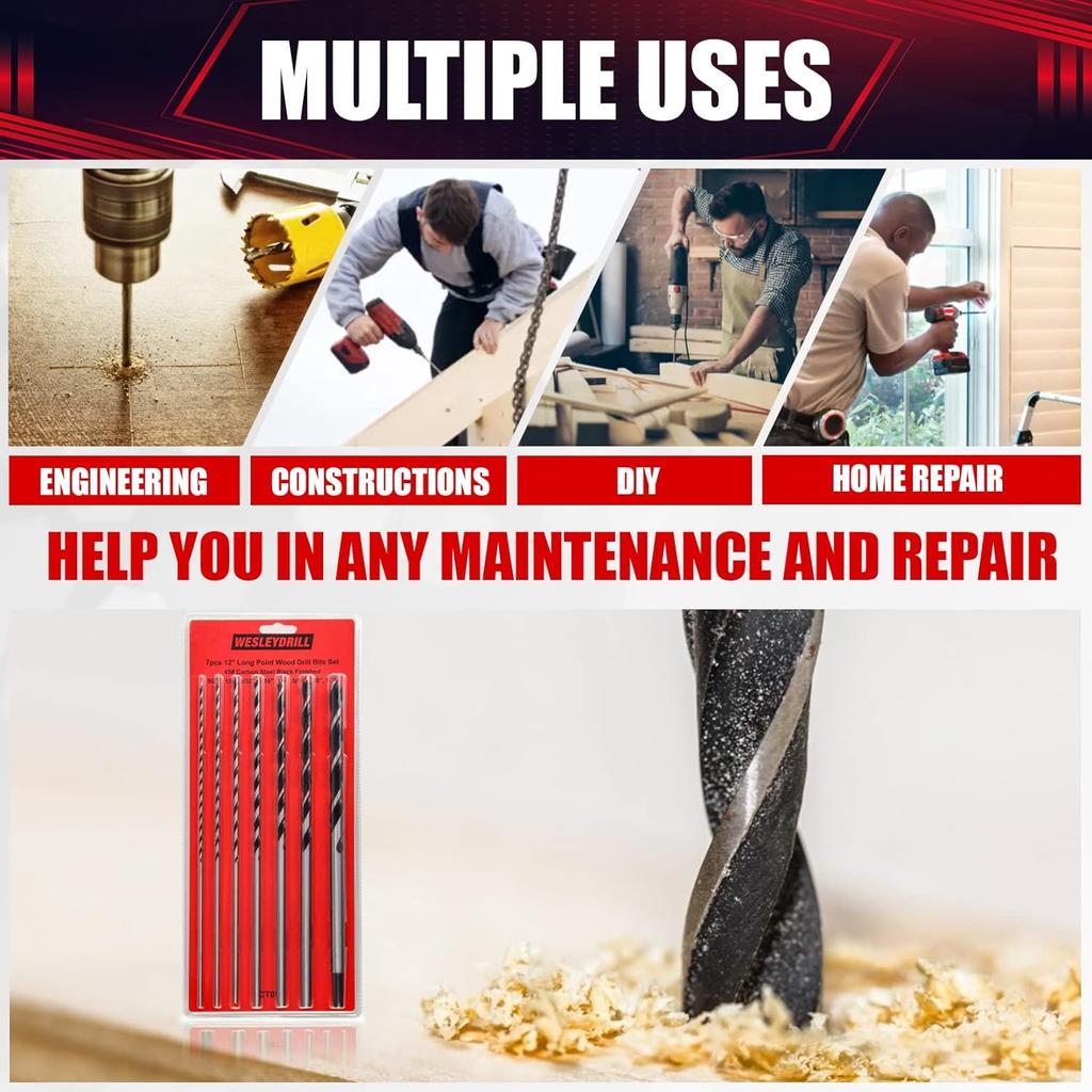 7 Pcs Extra Long Brad Point Drill Bit Set,12" 300mm Carbon Steel Wood Drill Bits Set,Fit for Bench Hand and Conventional Electric Drill