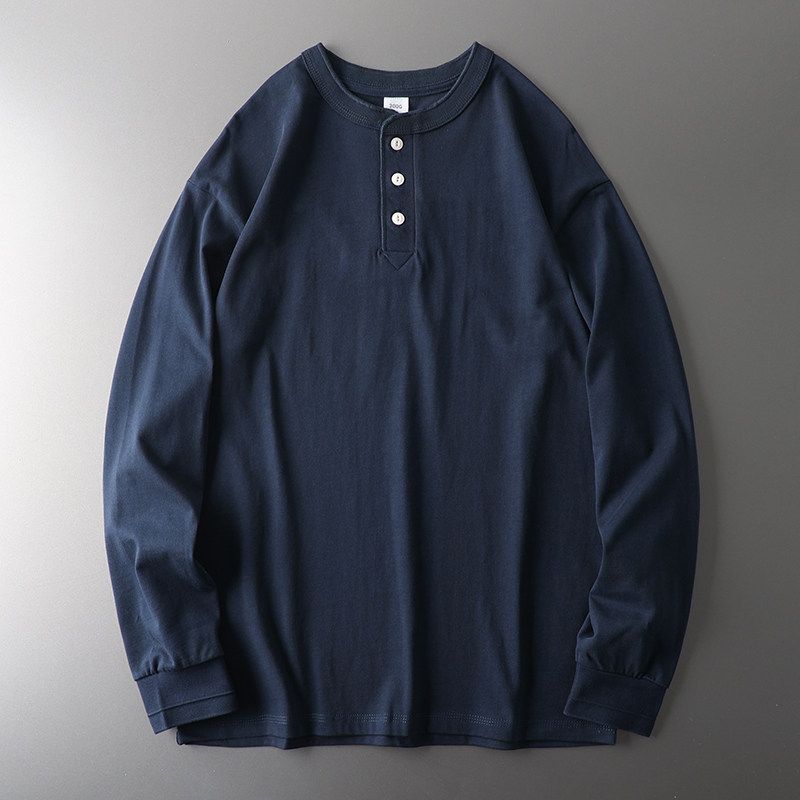 Henley Shirt American Style Heavy Men's Long-Sleeved 100% Cotton Coat Foreign Trade Export Original Last Order Men's G Henry Collar T-shirt