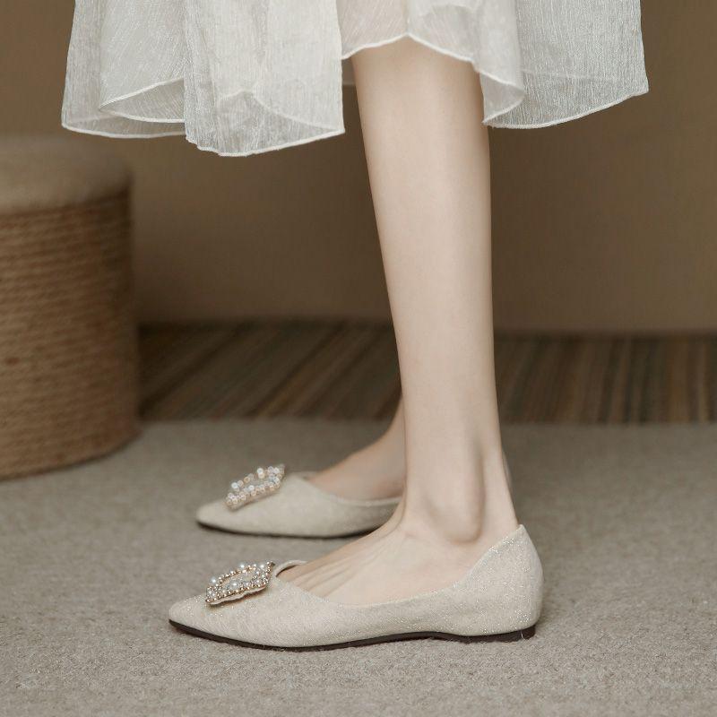 Fashion Korean Style Fashion Pearl Slip-on Woman Flats Spring and Autumn Pointed Toe Shoes for Women Low Price Casual Comfortable Shoe