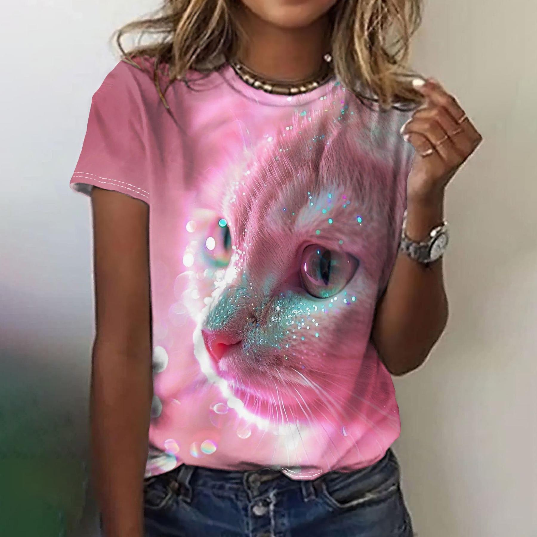 

Женская футболка с круглым вырезом и забавным принтом кота. Модная летняя повседневная футболка с короткими рукавами. 3XL