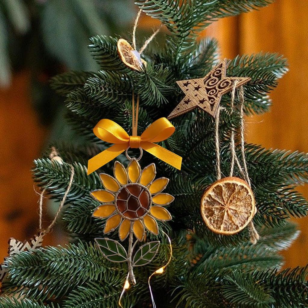 Christmas Tree Ornament 2D Acrylic Flower Pendant Sunflower Ornaments Christmas Tree With Bow Design For Winter Holiday Party