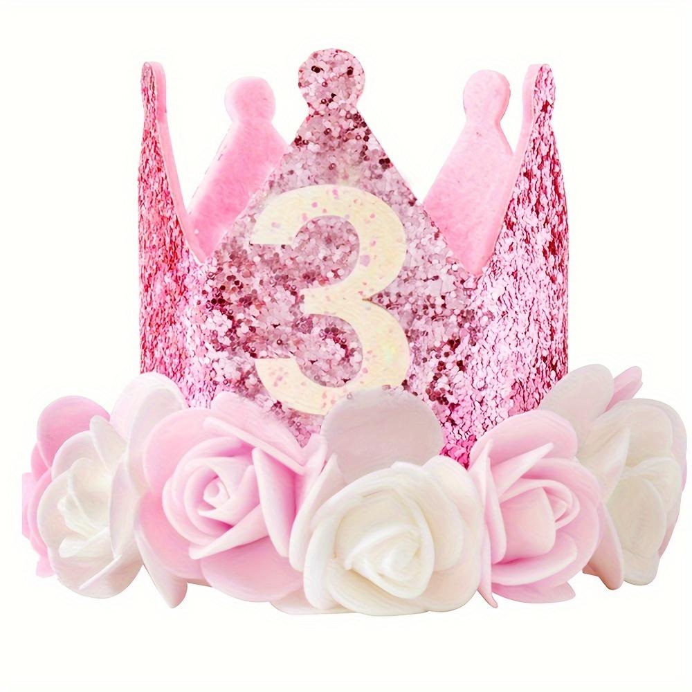 1PC 1, 2, 3, 4, 5 Birthday Hat, Pink and White Flowers and Pink Sequined Felt Birthday Party Crown Hat