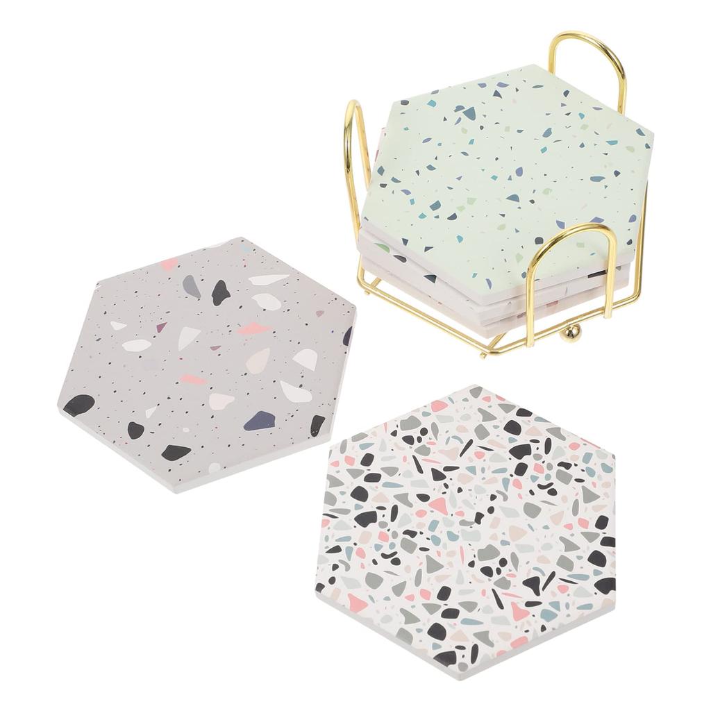 WINOMO Cork Coasters, Stylish Ceramic, Nordic Marble, Hexagonal, 6-Piece Set with Rack, Insulated, Absorbent, Quick-Drying, Non-Slip, Random Pattern