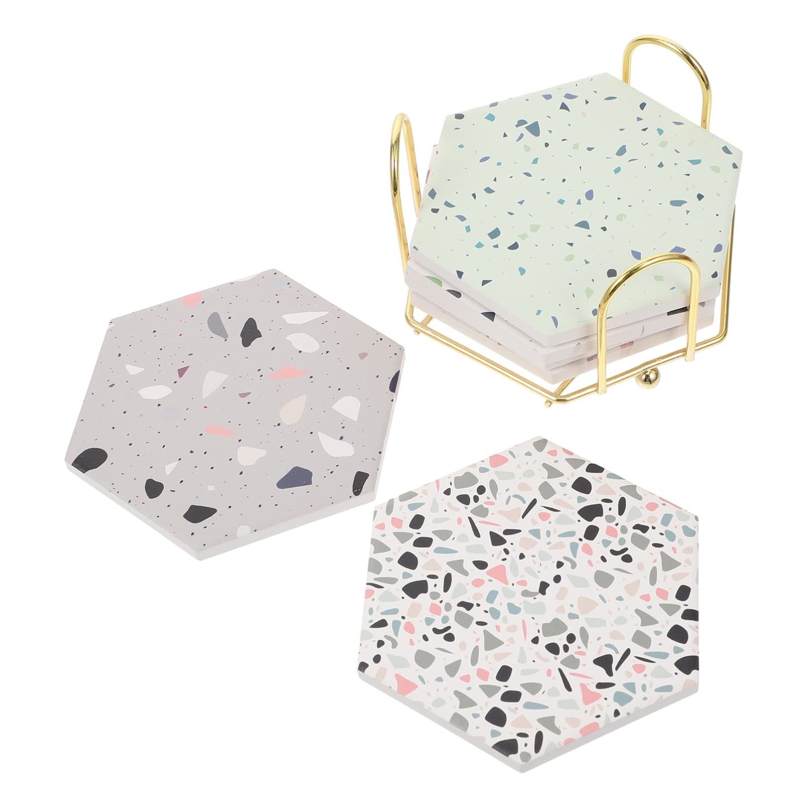 

WINOMO Cork Stylish Nordic Set with Random Pattern Coasters, Ceramic, Marble, Hexagonal, 6-Piece Rack, Insulated, Absorbent, Quick-Drying, Non-Slip,