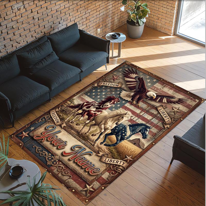 American Patriotic Theme Crystal Velvet Rug Personalized Custom Name Text Soft Floor Mat Home Decor