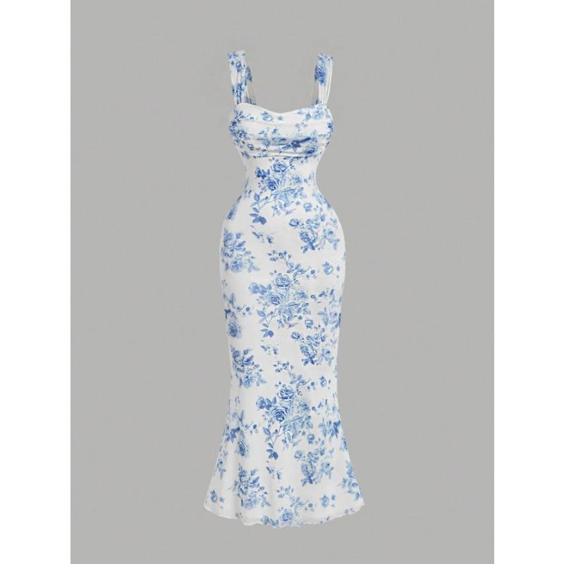 Damen Sexy Blumendruck Spaghettiträger Hohe Taille Bodycon Langes Kleid