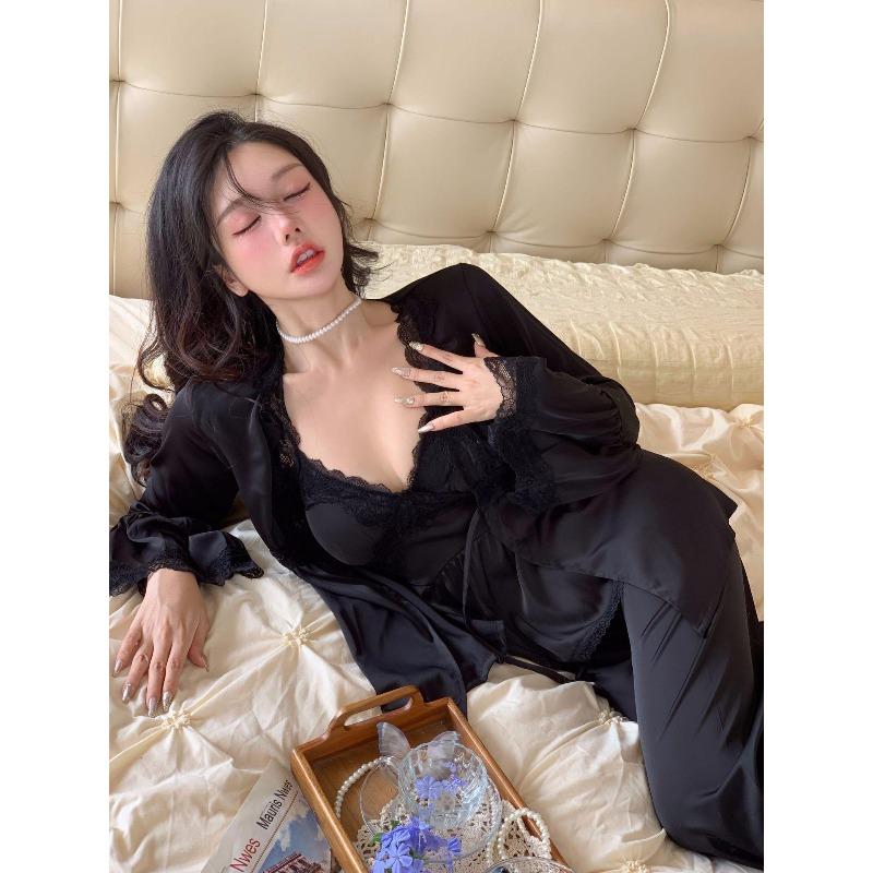 Autumn New Suspender Trousers Pajamas French Sexy Lace Three-piece Loungewear Ice Silk Zhao Ruth Same Style