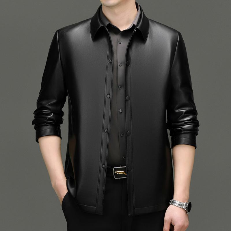 Autumn New Young and Middle-aged Men's Leather Jackets, Business Casual Snap Button Lapel Leather Jackets, Fashionable and Versatile Jackets