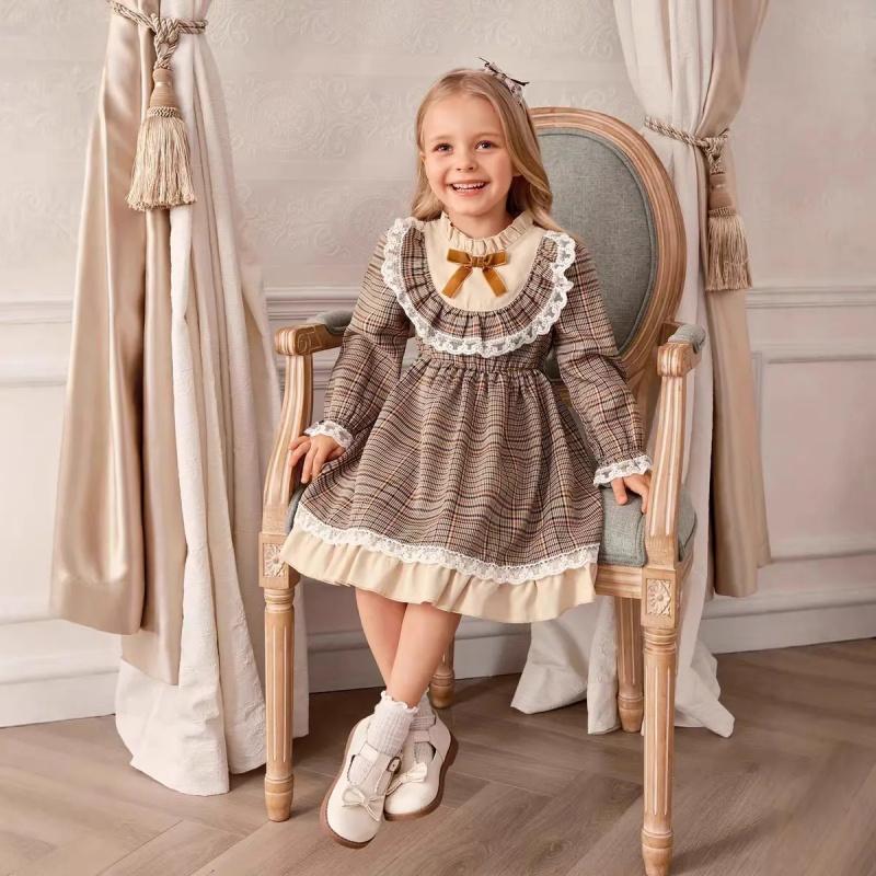 Girls New Dress Baby College Stylishly Princess Children Lolita Plaid Long Sleeve British Style Dress