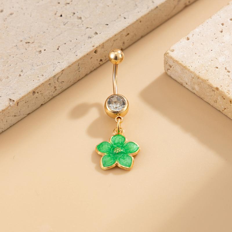 

Colorful Flower Dangle Belly Button Rings For Women Girls, Cute Floral Dangle Navel Ring Piercing Jewelry For Summer Party Beach зелёный