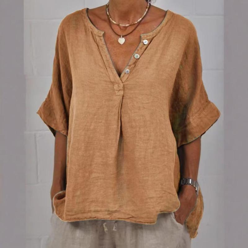 Spring New Women's Casual Mid Sleeved Cotton Linen Solid Color Shirt