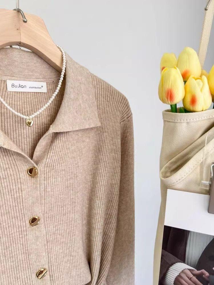 French Elegant Lapel Knitted Sweater Cardigan Women Spring Autumn Vintage Solid Polo Shirt Korea Chic Underneath A Base Layer Clothes