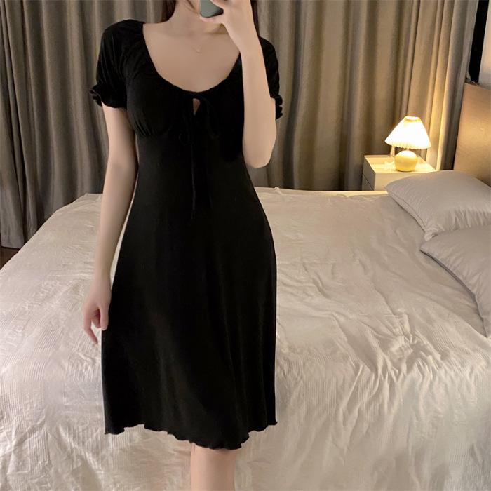 Damen Sommer Französisches Modal Nachthemd mit integriertem BH, Kurzarm, Dünn, Sexy, Reiner Verlangensstil, Draußen tragbar XXL black