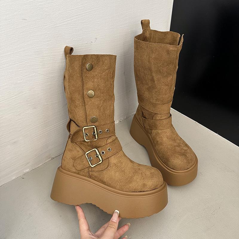 

Fashion Vintage Thick Heels Slip on Women Boots Fashion Belt Buckle Shoes Autumn Winter Ladies Modern Mid Calf Boots Bottes Femmes 35 40 40 коричневый