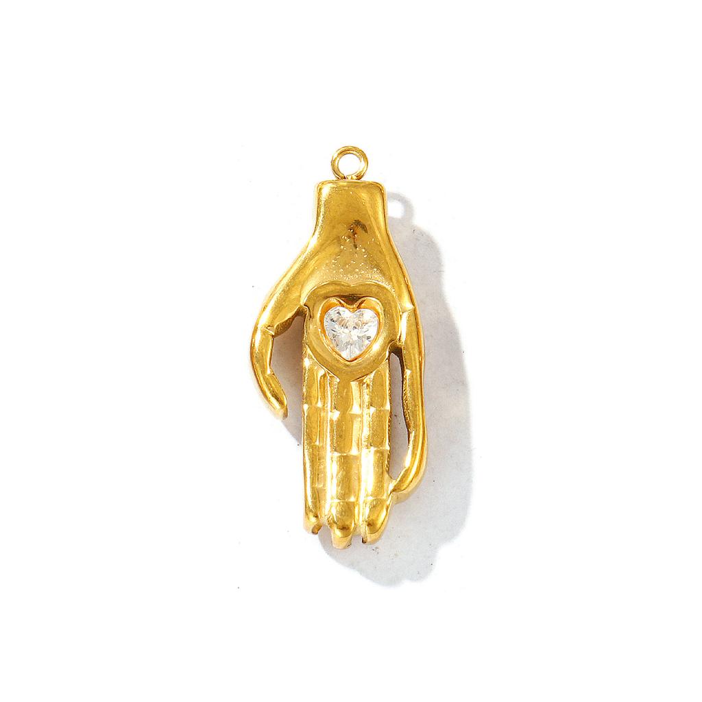 1 Piece 304 Stainless Steel 18K Gold Plated Natural Stone Rhinestone Palm Shaped Eye Rectangle Pendant For Necklace DIY Making
