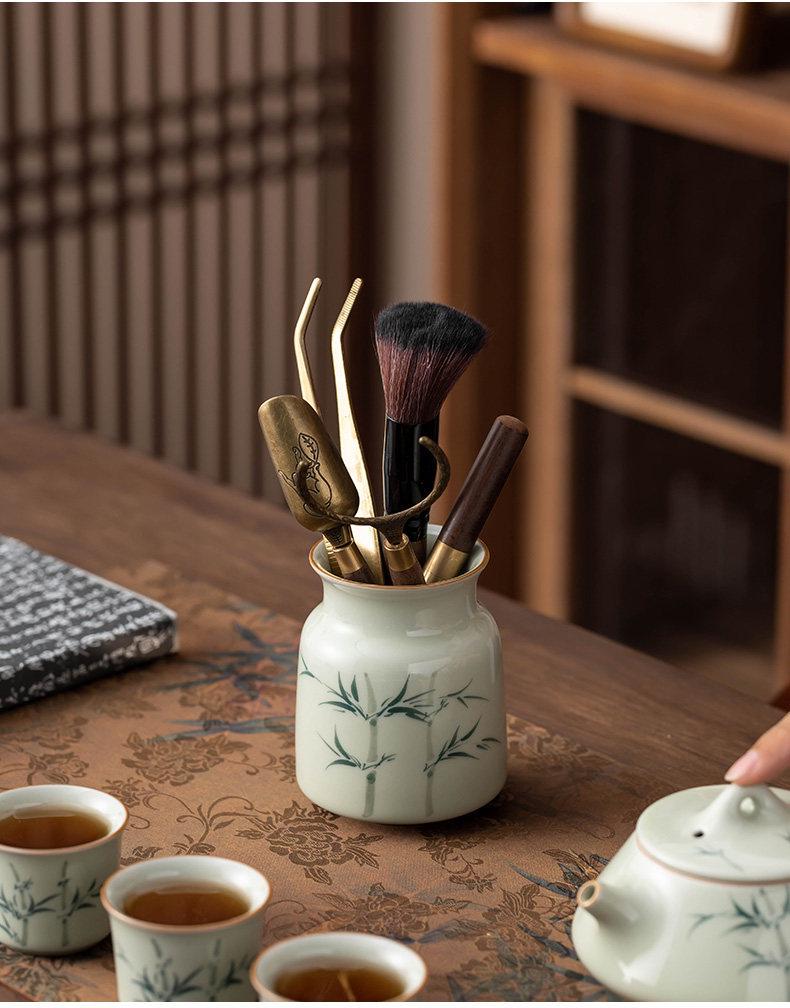 Hand-Painted Kung Fu Tea Ceremony Set: Six Gentlemen Accessories with Tea Tongs, Brush, and Tea Pet