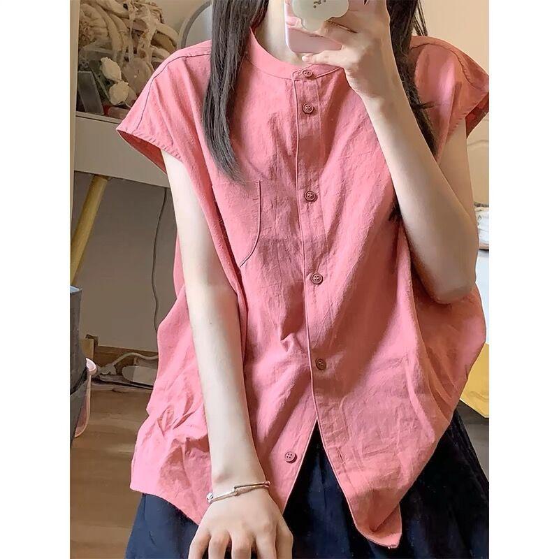 

Женские рубашки с прямыми плечами, летние, без рукавов, удобные, карманные блузки, японская простая модная женская одежда S розовый