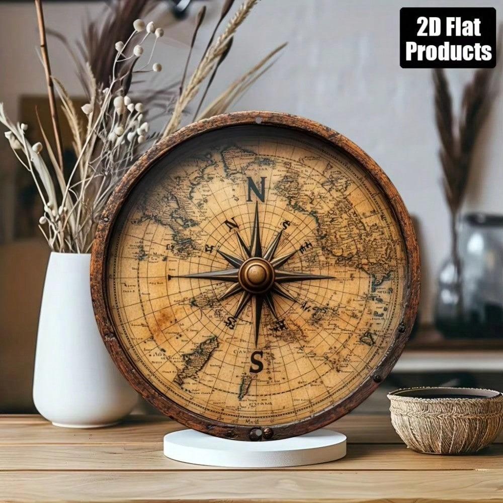 Vintage Nautical Compass Wall Decor Aluminum Metal Art Plaque Round 8x8 Inch Detailed Map Home Office Decoration