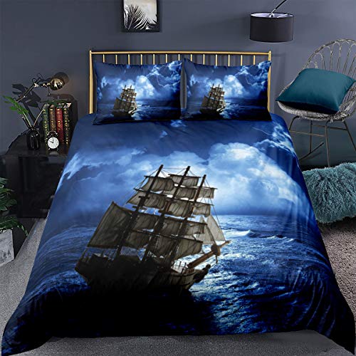 Beautiful Pink Sunset Boat Duvet Cover Set Sea Boat Comforter Cover Polyester Bedding Set With Pillowcase For Kids Boys Girls