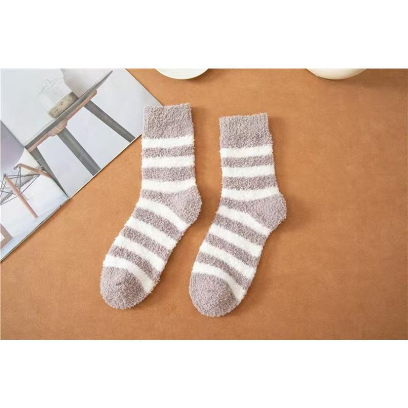Coral Wool Socks - Men's Striped Half-wool Mid-calf Socks - Non-shedding, Thick and Warm Floor Socks, Home Wear Socks, with Added Wool Padding