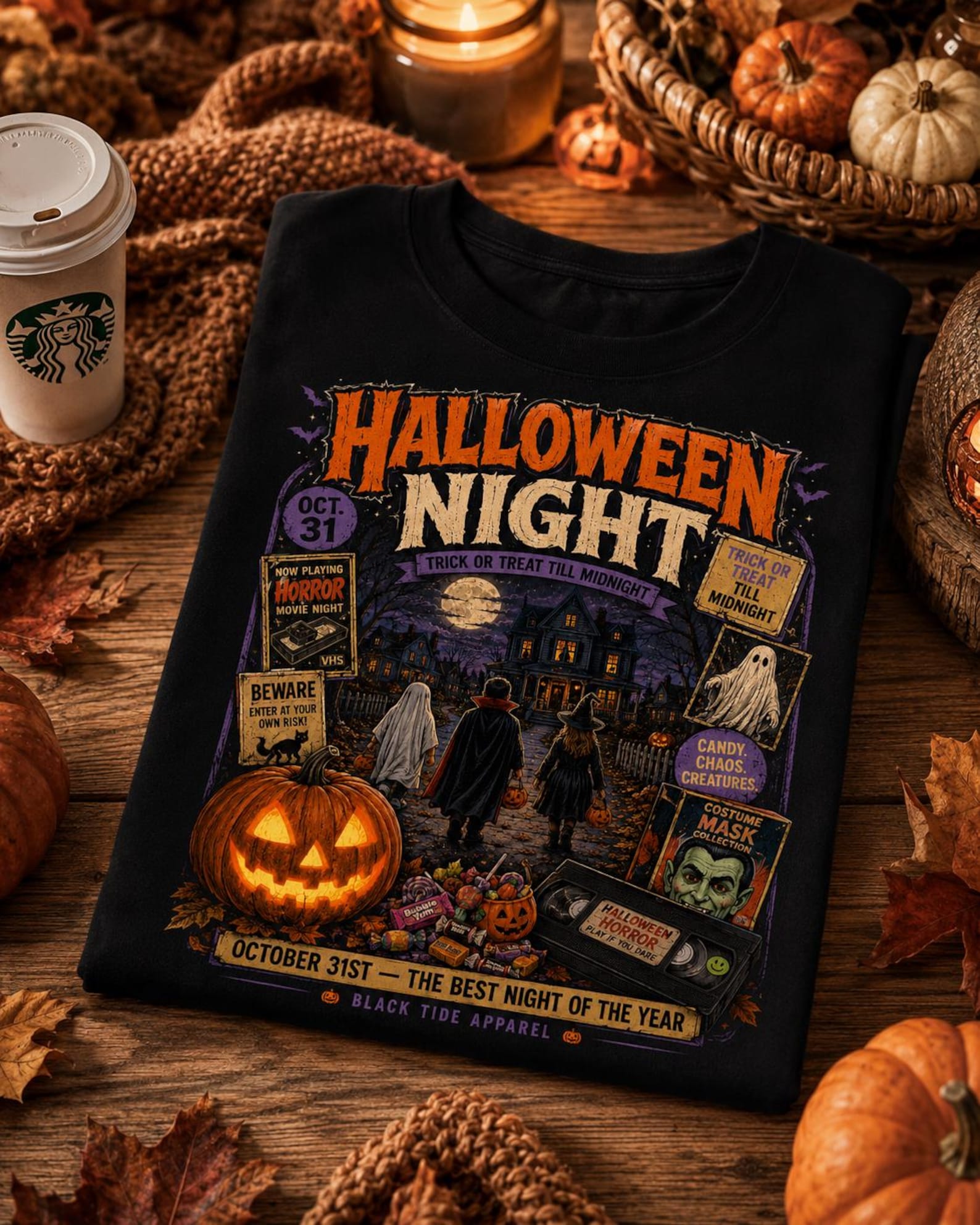 Halloween Night Poster T-Shirt | Jack-o -Lantern, Ghosts, Haunted House S