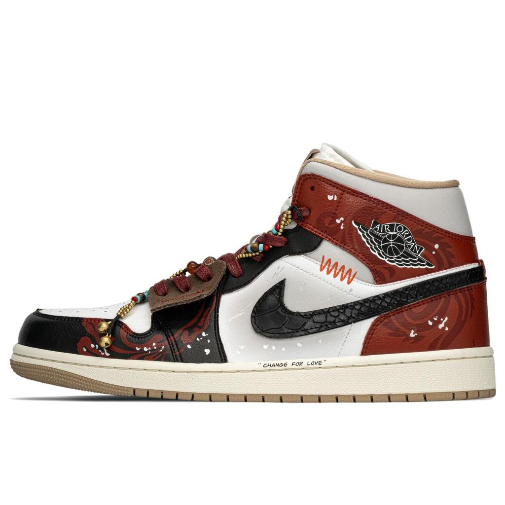 Jordan Air Jordan 1 Slip Resistant Abrasion Resistant Mid top Vintage Basketball Shoes Women's Black Red BQ6472-103(TeamA-S-BOX)