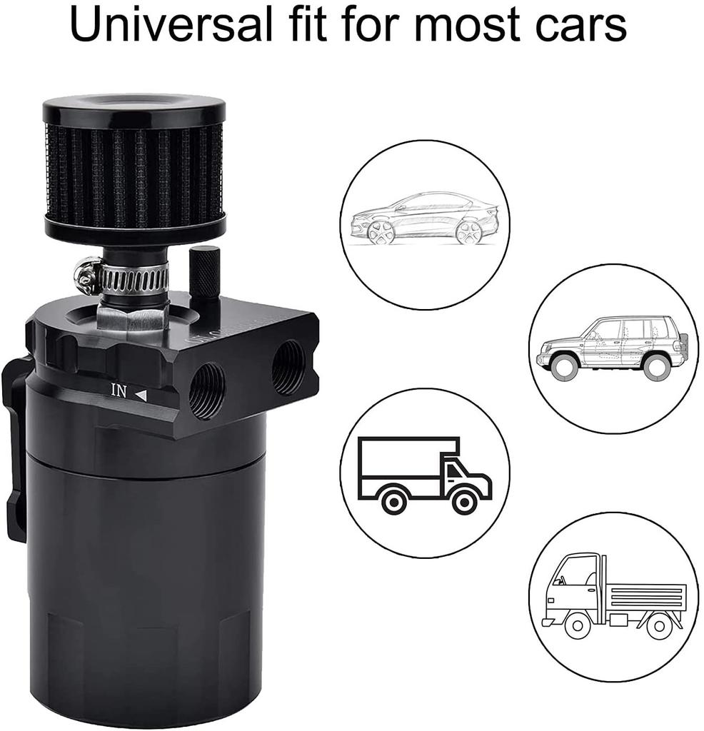 Car Baffled Oil Catch Can Reservoir Tank with Mini Filter Breather Baffled Aluminum Fittings Oil Dipstick Hole Breathable Kettle