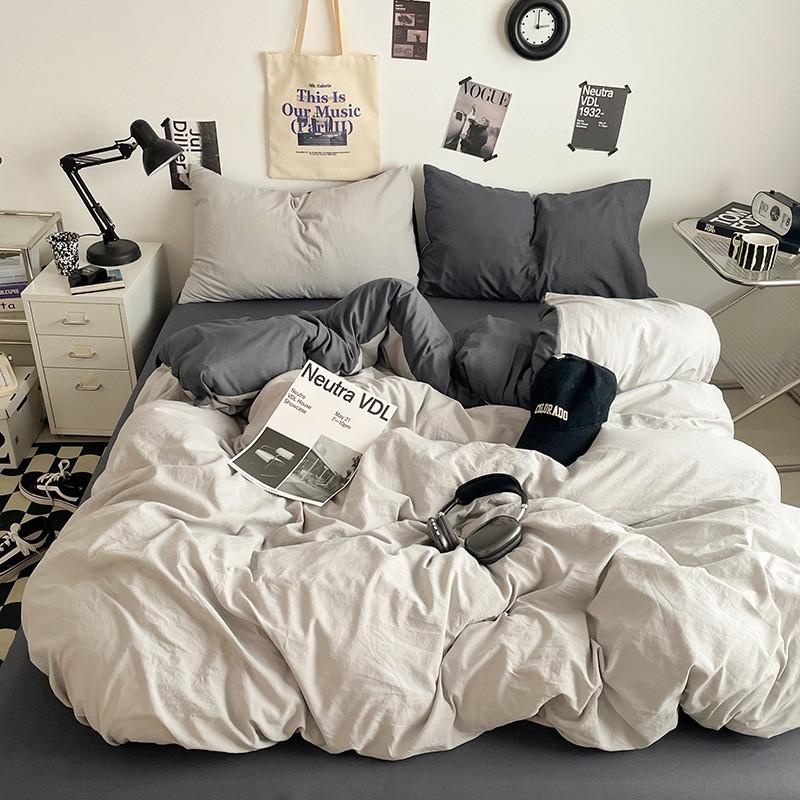 Washed Cotton Bedding Set Solid Color Brushed Bed Sheets Dorm Home
