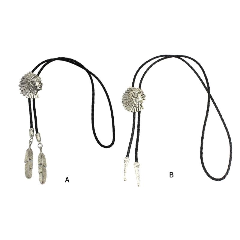 Handmade Jewelry Bolo Tie Western Cowboy Faux Leather Rope Necktie with Indian Head Metal Feathered Pendant Necklace