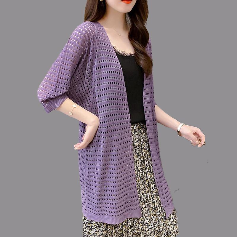 Summer Loose Thin Section Placket Women's Mid-length Knit Shirt New Hollow Shirt V-neck Sun Shawl Jacket