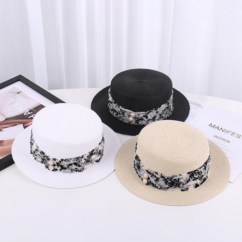 Vintage Summer Straw Hat for Women, British Retro Flat Top Cap, Korean Fashion Versatile Beach Sun Hat for Vacation