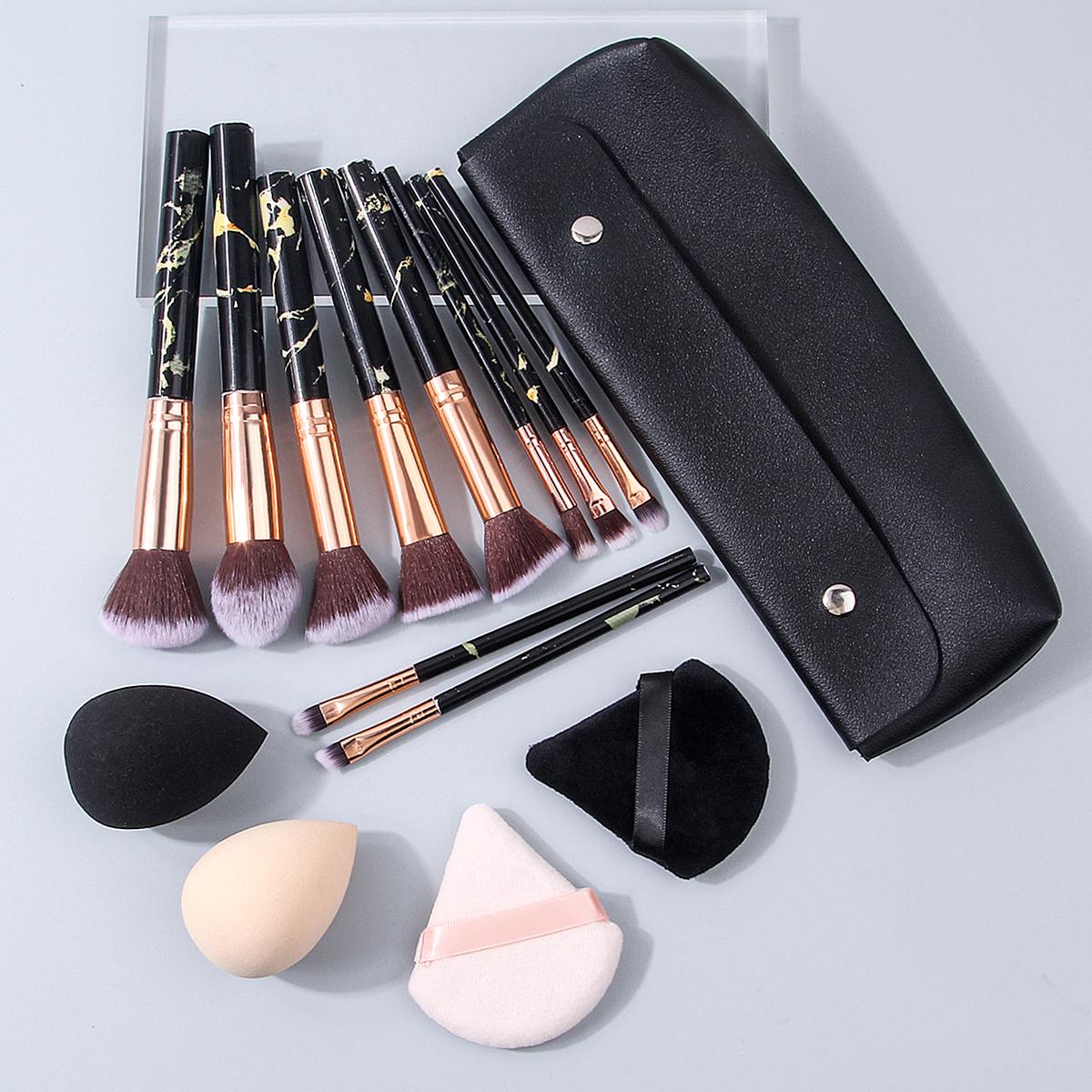 

Professional marble-patterned makeup brush set: 10 synthetic fiber makeup brushes+4 makeup sponge powder puffs+black storage bag чёрный