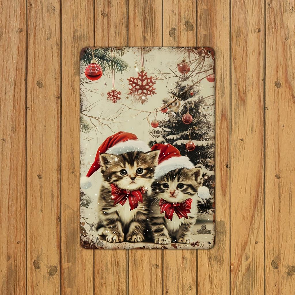 1pc Vintage Christmas Kitten Metal Tin Sign, 12x8 Inch Festive Wall Decor for Home, Pet Stores, Coffee Shops, Restaurants, Offic