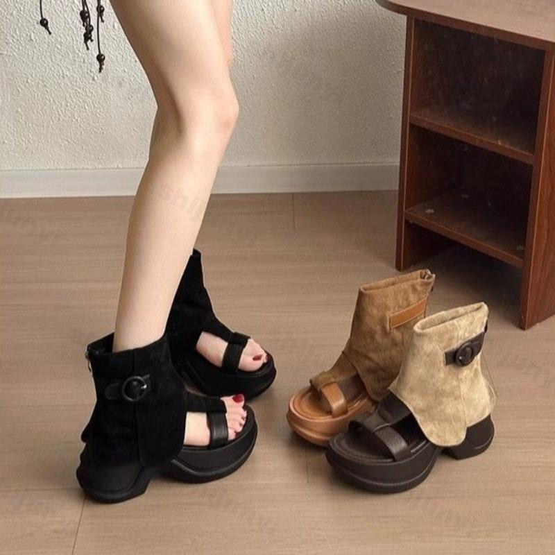 Fashion Women's Fashion Retro Design Open Toes Casual Cool Boots 2025 Summer New Comfortable Versatile Thick Soled Clip Toes Short Boots