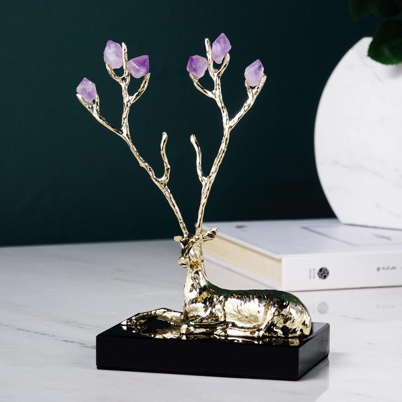 Metal Handicrafts Crystal Deer Figurine Simulation Animal Sculpture Natural Crystal Metal Figurine Home Decoration Accessories