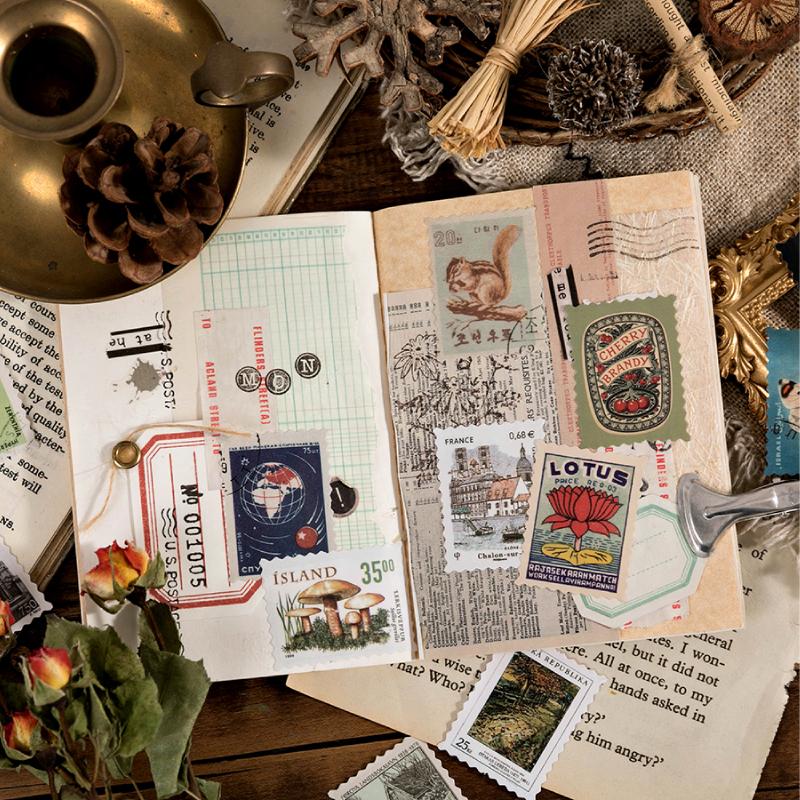 46pcs Vintage Stamp Butterfly Art paper Stickers Scrapbooking Decorative Stationery Junk Journal DIY Material Arts Deco Stickers