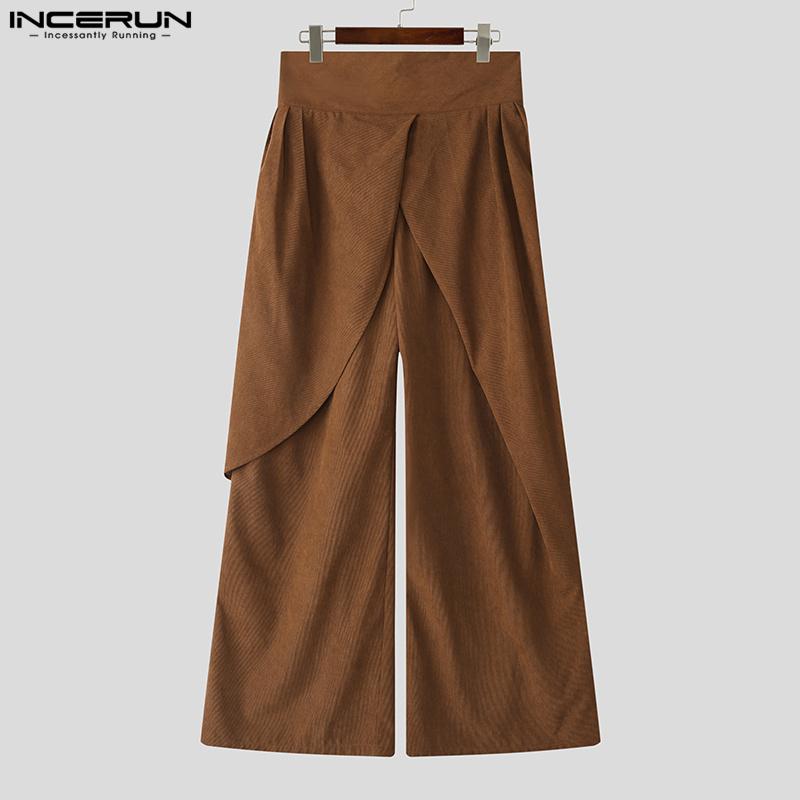 INCERUN Mens Elastic Waist Front Cross Layers Casual Loose Wide Legs Pants Long Trousers