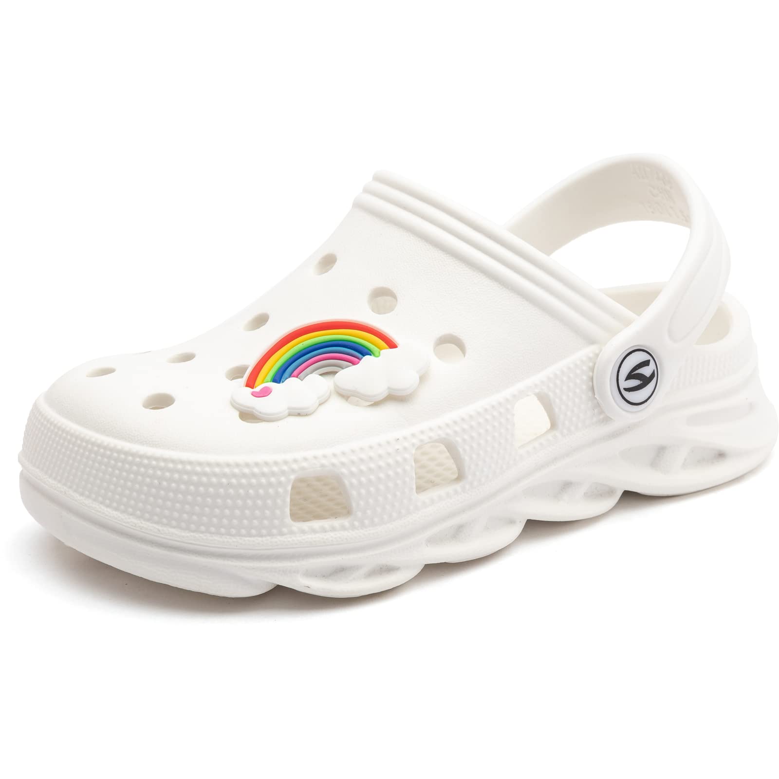 

Xinpinway Baby Toe Size for Boys and Girls Kids Sandals, Clogs, Shoes, Protection, Non-Slip, Dinosaur, Rainbow, Dolphin, Crown, White, 18.0cm,