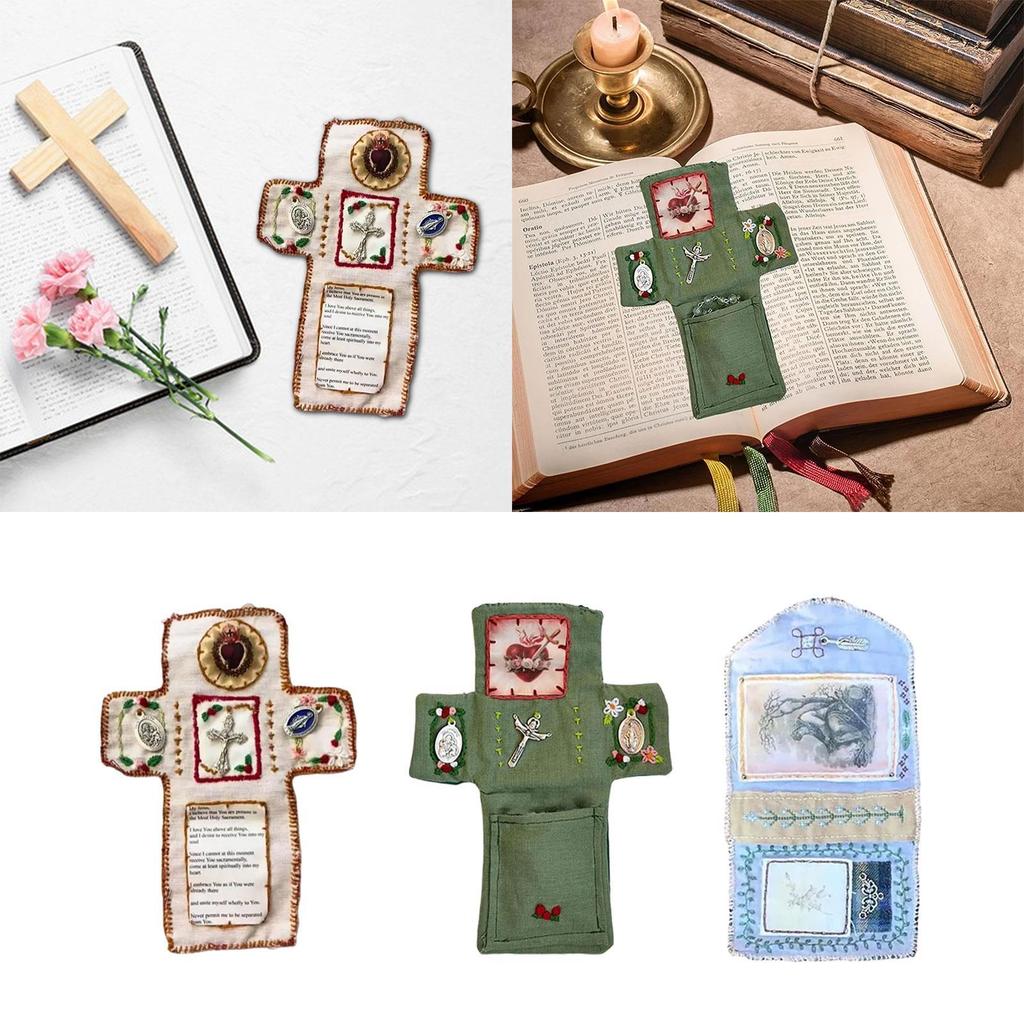 Cloth Pocket Prayer Shrine with Cross Portable Remembrance Ornament Miniature Travel Spiritual Gift for Family